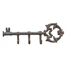 Ornate Cast Iron Shaped Key 13.5 Inch Wall Triple Hook Antiqued Finish