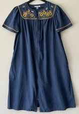 Go Softly Patio Denim Chambray Mu Mu Dress Sunflowers Bumblebee Pockets Size S