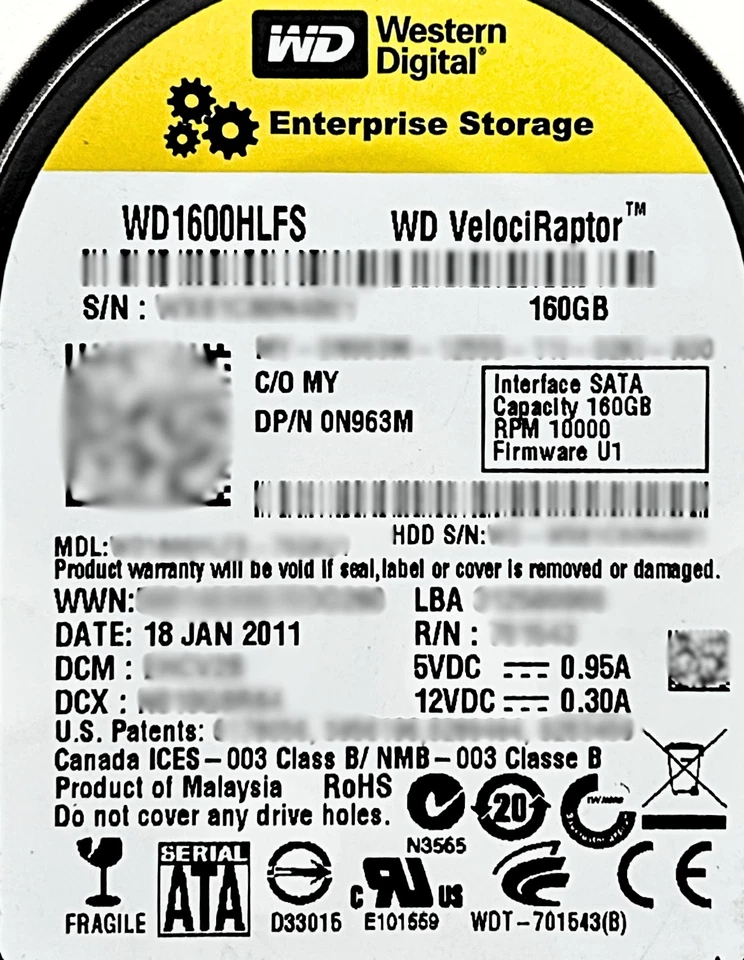 Dell N963M 160GB 10K SATA 2.5/3.5 Hybrid Tray VelociRaptor Hard Drive - Image 2 of 4