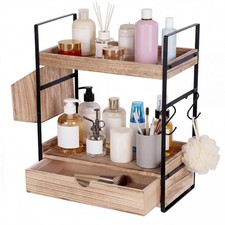 2-Tier Bathroom Counter Organizer with Drawer and Basket, Wood Countertop Organi