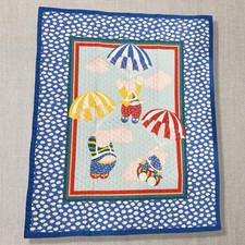 VTG 90s Baby Crib Quilt Pig Parachute Cloud Nursery Blanket 33x42 Primary Colors