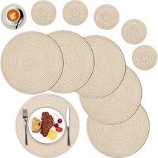 Set of 6 Placemats & 6 Coasters Round Place Table Mats Washable Heat Resistant