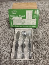Vintage 1976 Sesame Street Gorham Stainless 3 pc Childs Utensil Set--NEW IN BOX