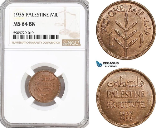 AF973, Palestine, 1 Mil 1935, London, NGC MS64RB