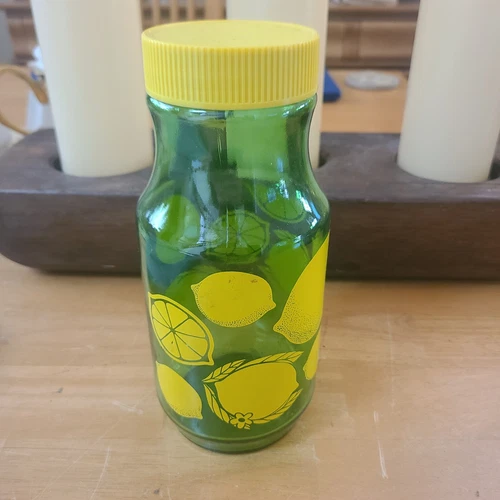 Vintage Anchor Hocking Lemon Jar Green Glass Lemonade Carafe Yellow Lid