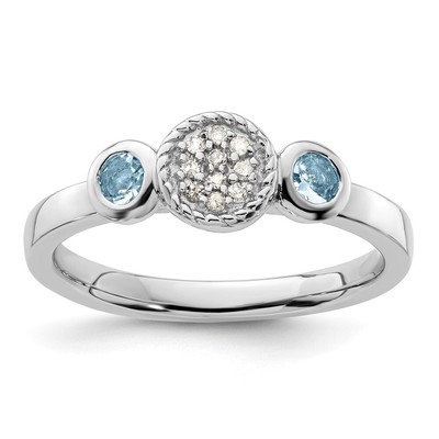 Sterling Silver Stackable Expressions Round Aquamarine & Diamond Ring Size 7
