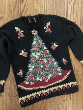 Vtg Over The Top Crazy Busy Ugly Christmas Tree Sweater Gold Glitz Glam S M