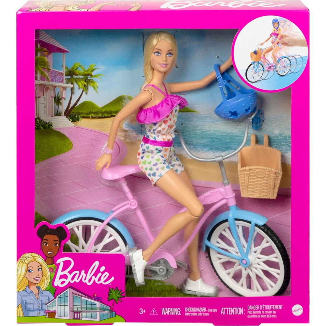 Barbie Doll and Bike Playset 11.5Inch Doll Bicycle with Rolling Wheels