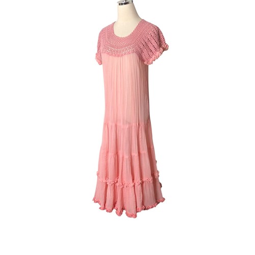 Boho Maxi Dress Womens Small Crochet Bodice Peach Pink Cotton Gauze Full Skirt - Picture 6 of 13