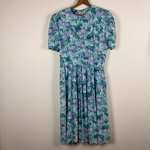 VTG 80s Jessica Howard Cotton Floral Pleated Dress. Sz. 14 Modest Spring Easter