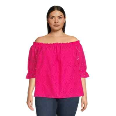 Terra & Sky hot pink eyelet blouse on off shoulder size 2X Barbiecore casual NEW