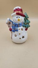 SNOWMAN VOTIVE CHRISTMAS CANDLE HOLDER W/ SCARF AND HOLDING CHRISTMAS TREE
