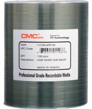 100 CMC Pro Taiyo Yuden 48X CDR (CD-R) 80min 700MB White Inkjet Hub Printable