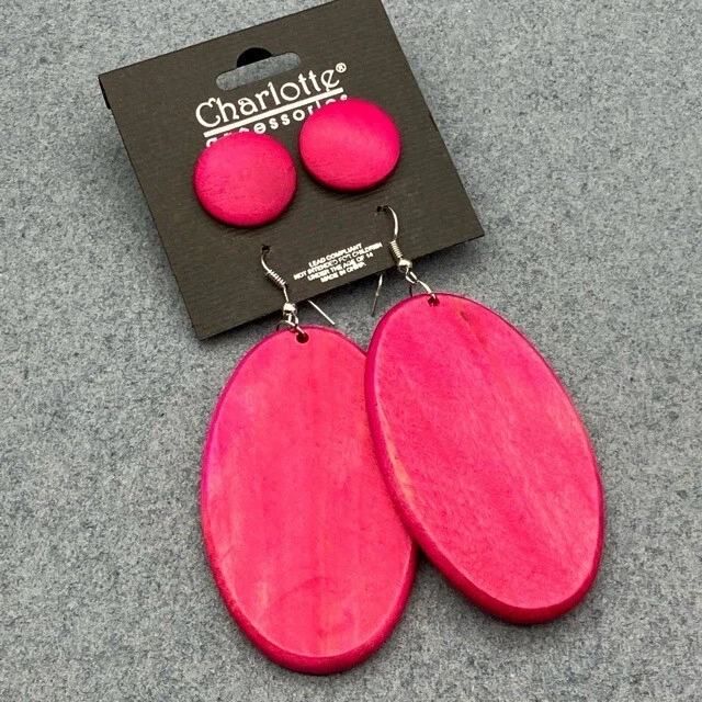 Pendientes perforados Charlotte Accessories madera rosa caliente redondo ovalado colgante BoHo Foto 2 de 4