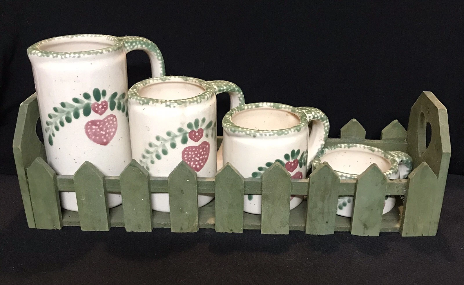 Vintage Ceramic Measuring Cups with Wooden Picket Fence Holder.