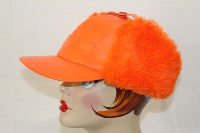 Vintage Vinyl Ear Flap BLAZE ORANGE Sherpa Lined Hunting Hat, LARGE