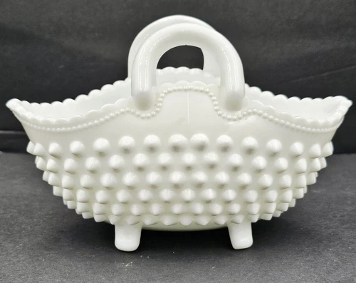 Vintage Fenton White Hobnail Milk Glass Curved Basket Folded Handles Footed Bowl