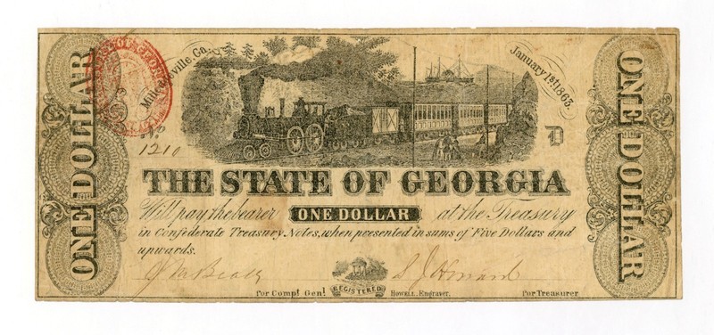 1863 Cr.12A $1 The State of GEORGIA Note - CIVIL WAR Era w/ TRAIN