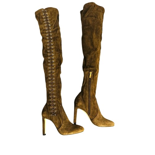 Jimmy Choo Marie 100 Braun Wildleder Overknee Socken Stiefel EU 36 High Heel Schnürung - Bild 2 von 14