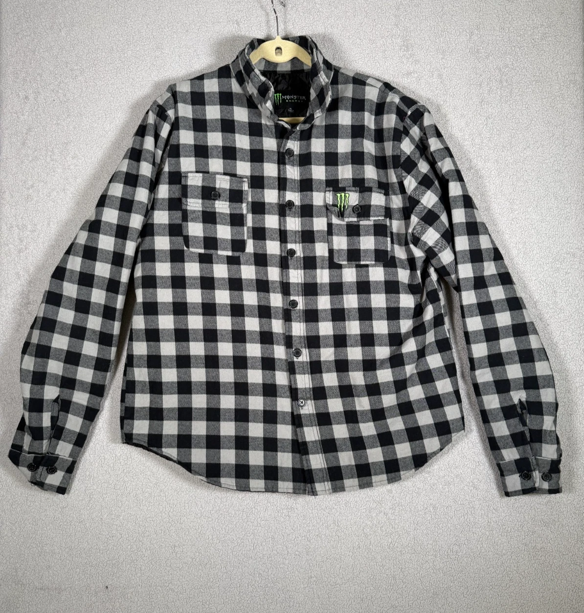 Monster Energy Quilted Flannel Shirt Jacket Mens XL Black Gray Buffalo Plaid image 1