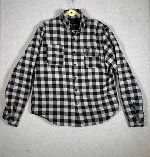 Monster Energy Quilted Flannel Shirt Jacket Mens XL Black Gray Buffalo Plaid video thumbnail