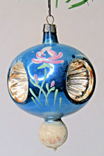 VTG Glass Multi Indent FLOWERY Mica DROP Christmas Ornament Fantasia Poland BLUE