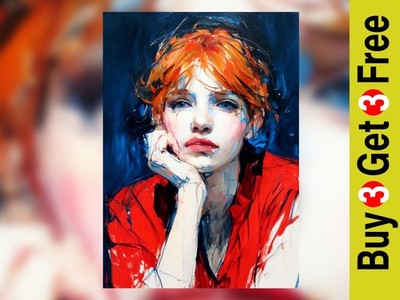 Ausdrucksstarkes Frauenporträt Ölgemälde 5''x7'' Druck auf mattem Papier rote Haare Kunst