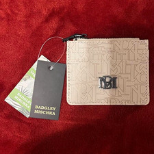 Badgley Mischka Women’s Beige Zip Card Wallet, Logo Pattern, Credit Card
