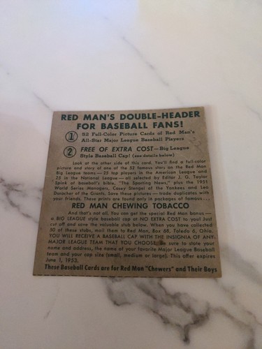 1952 RED MAN TOBACCO MLB #22 Warren Spahn No Tab Trimmed VG Corners Nice Rare - Picture 6 of 10