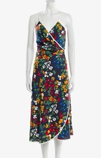 Tori Burch Multicolor Floral Wrap Midi Dress V-Neck Spaghetti Strap Tie S
