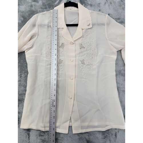Vintage Pearl Silk Long Sleeve Blouse Size 38 M Cream Embroidered Cutwork Sweet - Picture 8 of 9