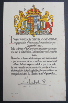WW2 1939 signed Thankyou letter Queen Elizabeth with  Buckingham Palace envelope