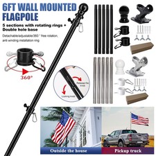 6FT Wall Mounted Flag Pole Kit Black Stainless Steel with Mounting Bracket Set