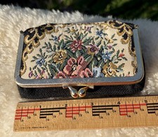 Vintage Tapestry Coin Purse  Floral Needlepoint Kiss Lock Wallet  Mid-Century