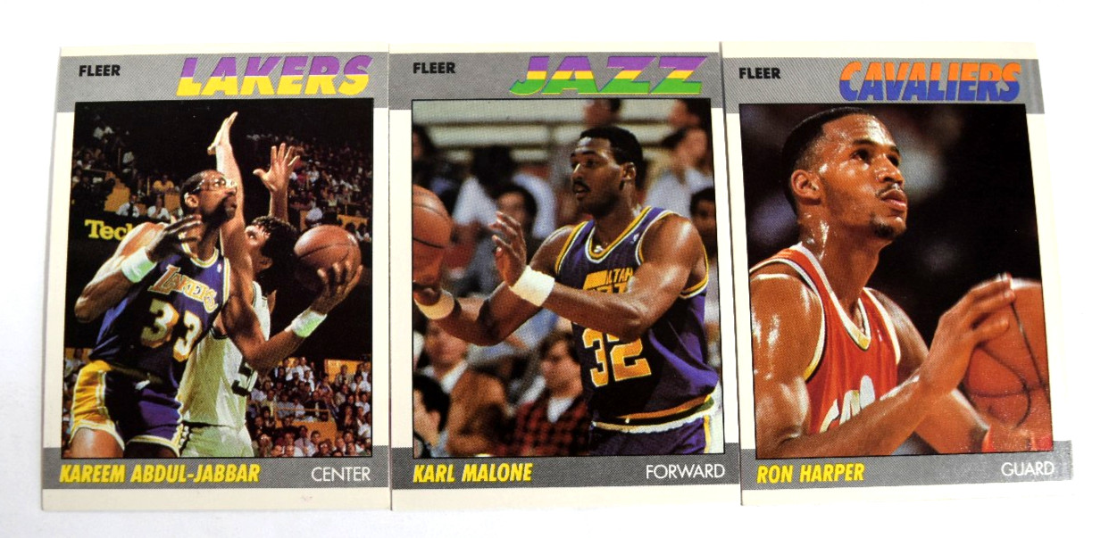 1987-88 Fleer -(3 Cards) Kareem Abdul Jabbar #1, Karl Malone #68, Ron Harper #49