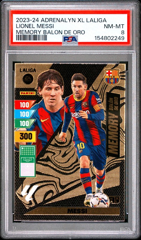 2023 PANINI ADRENALYN XL LALIGA MEMORY BALON DE ORO LIONEL MESSI PSA 8
