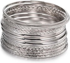 16Pcs Gold Bangle Bracelets for Women - Multi Layer B SET-12pc Silver