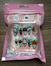 Halloween Press-On Nails Long Almond Mint Green/White/Black/Orange Glitter