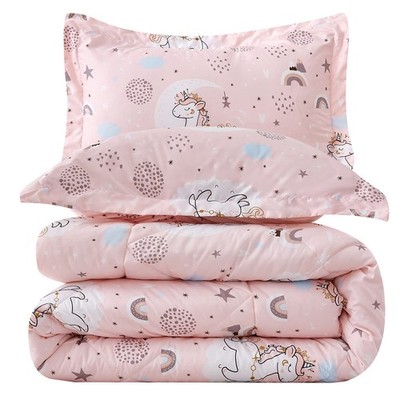 JSD Pink Unicorn Kids Comforter Set for Girls, 3 Pieces Full Microfiber Comforte