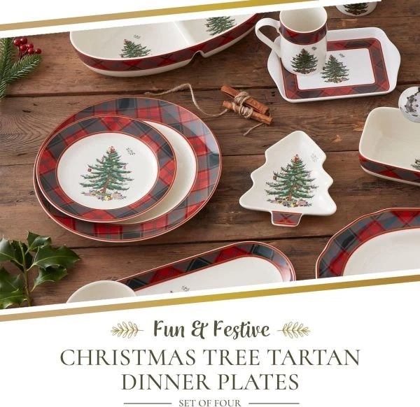 Spode Árbol de Navidad Tartán 10.5′′ Plato de Cena, Juego de 4 - Apto para Lavavajillas Foto 3 de 4