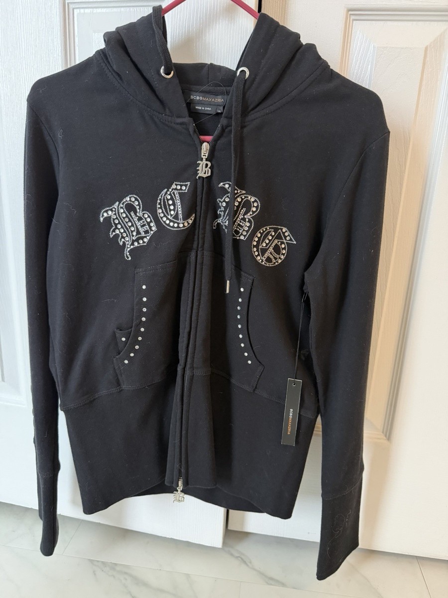 BCBGMAXAZRIA Black Rhinestone Zip Hoodie XL Knit Logo | eBay
