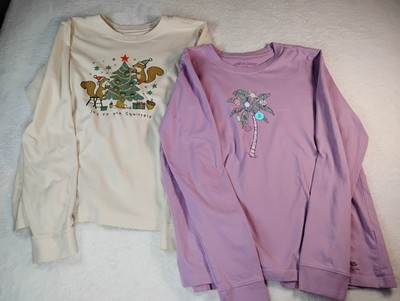 Lot Of 2 Life Is Good Christmas T-Shirts Long Sleeve Squirrels Palm Tree XL