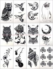 12 sheets Stick on Tattoos for Adults owl moon bird temporary tattoo