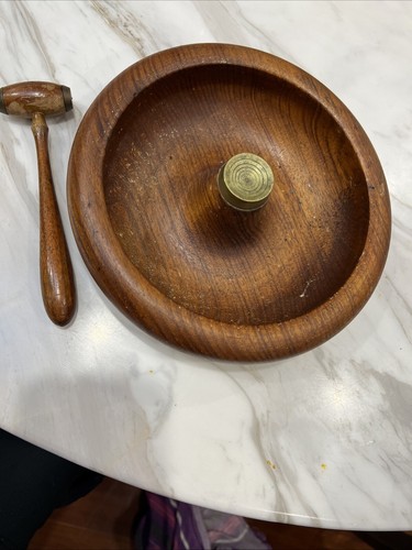 Antique Wood Nut Cracker Bowl with Mallet Walnut with Brass Ends For Cracking - Picture 7 of 15