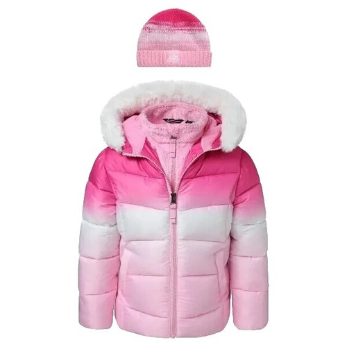 SNOZU GIRLS HOODED PUFFER FLEECE INNER BIB W/KNIT HAT(PINK OMBRE