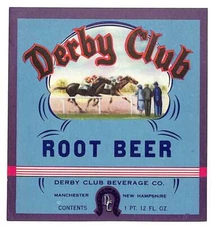 Derby Club Root Beer Paper Label Manchester, NH NOS VGC Scarce Horse Racing