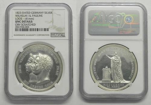 1823 Germany Wurttemberg Silver Medal Wilhelm I & Pauline Birth- NGC Unc Details