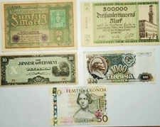 Mixed Lot Of 5 World Paper Money Germany, Japan, And Sweden