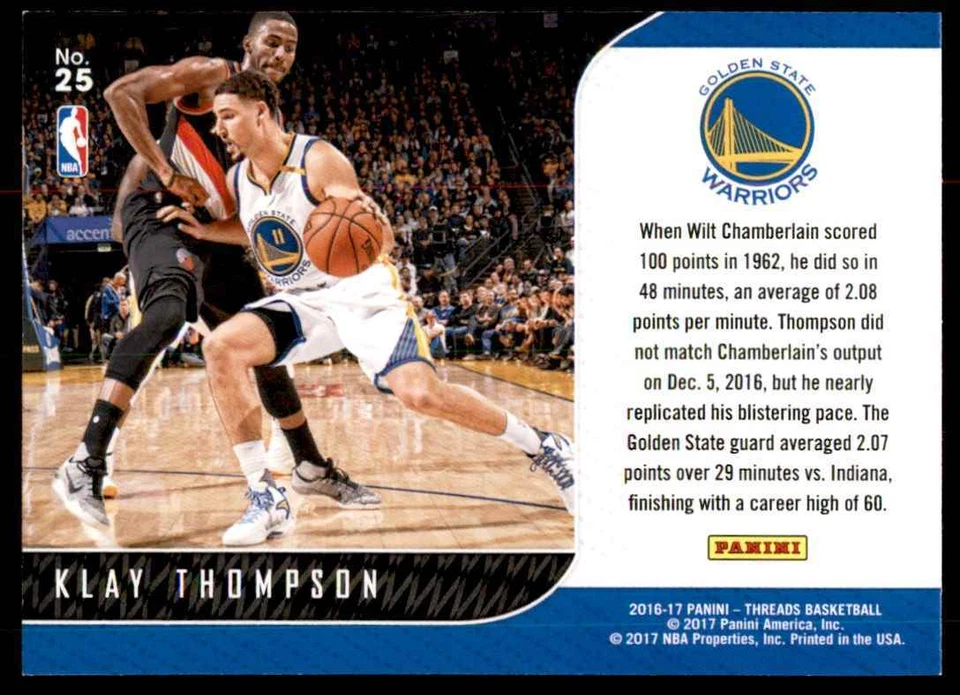 2016-17 Panini Threads Klay Thompson  Basketball Cards #25 - Image 2 of 2