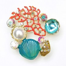 Spilla Arancione Rosa Rosso Corallo Blu Oro Conchiglia Spiaggia Nautica Perla Retro Tuta Spilla